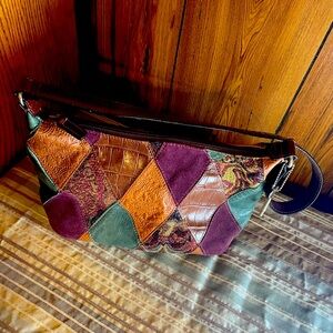 Fossil’s Leather, Suede, Tapestry Patchwork Satchel, Brown, Green, Red… GUC